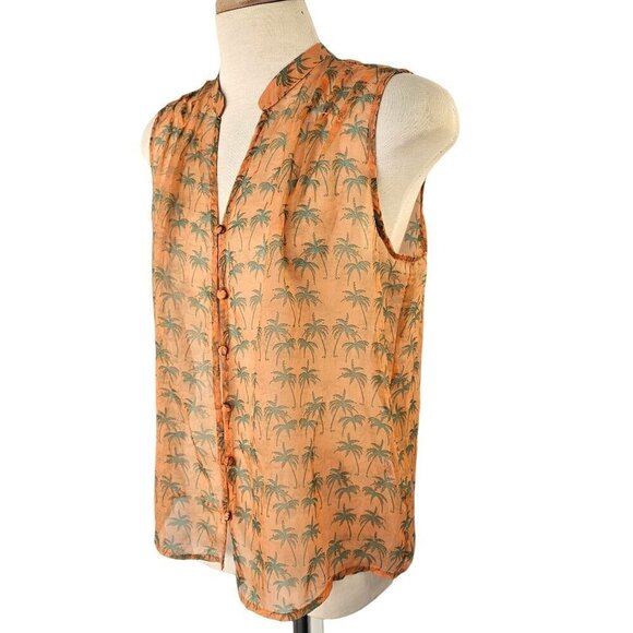 Bar III Sheer Peach Sleeveless Top Women M Btn Loop Close Green Palm Trees NEW - Picture 4 of 9